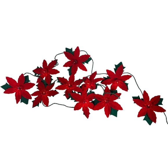 Vintage Velvet Poinsettia Christmas Tulip Reflector Red 10 Light Strand - Picture 2 of 9